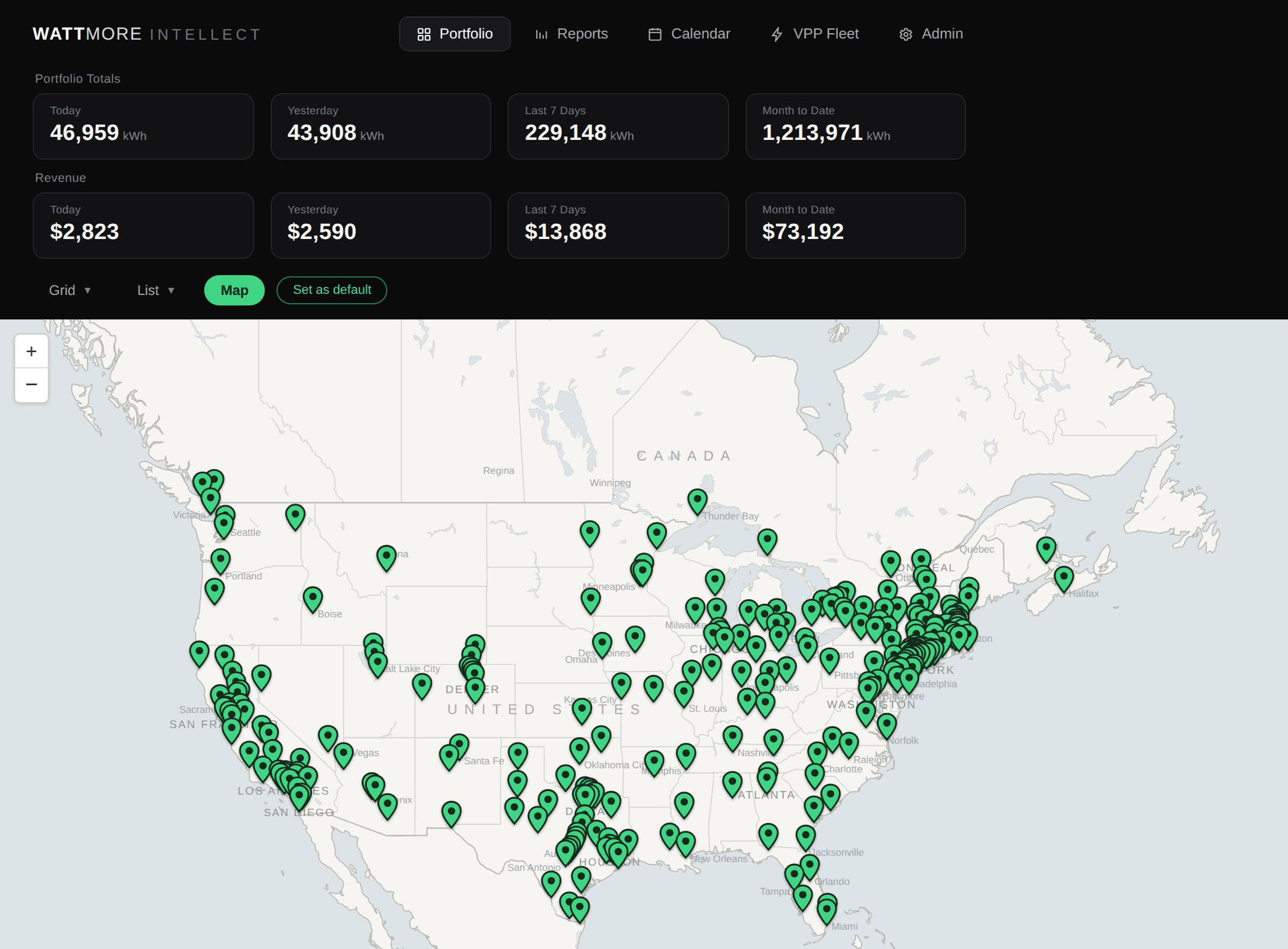WATTMORE Intellect portfolio map showing solar and storage fleet sites and performance stats across North America