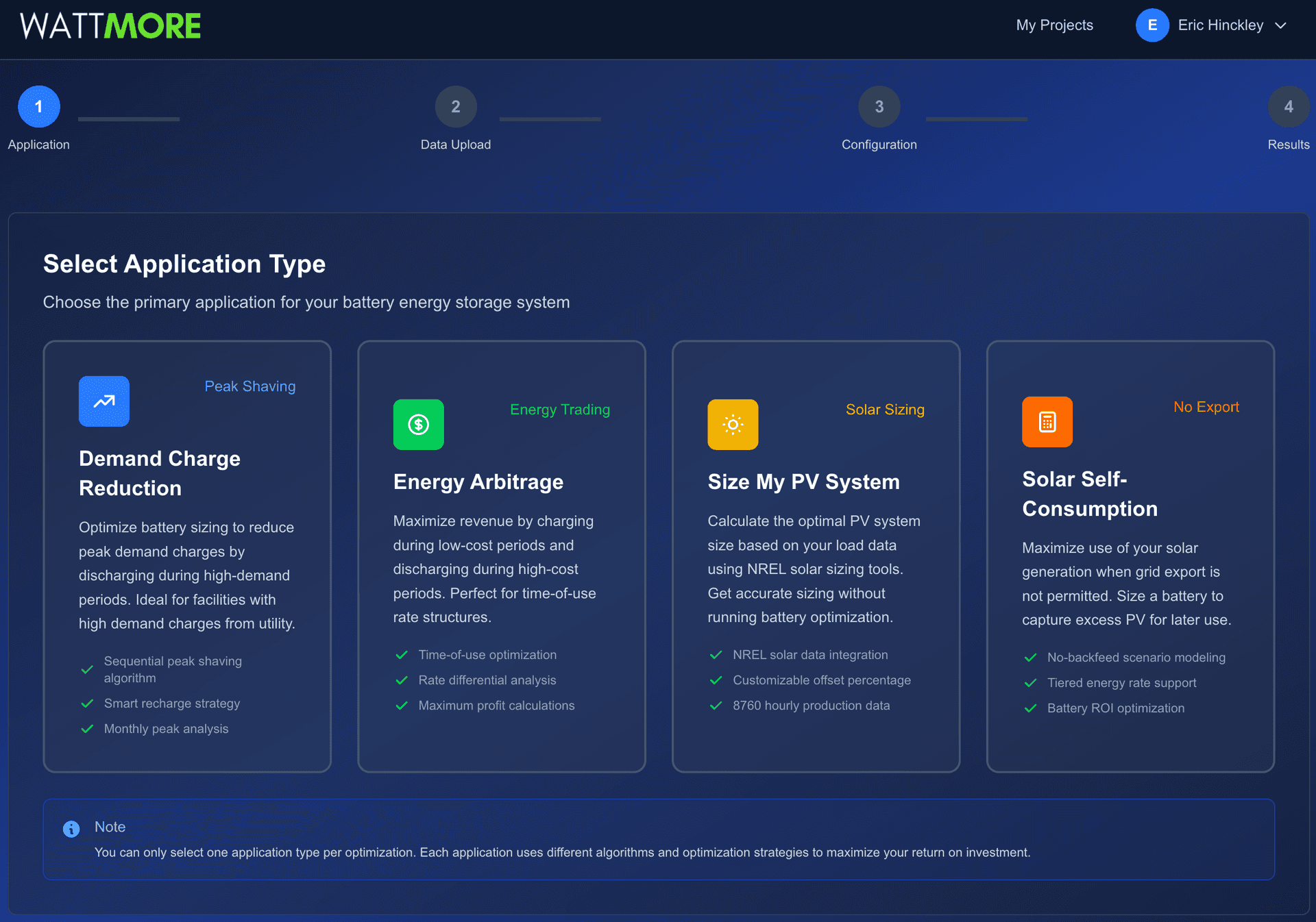Intellect PLAN battery sizing and financial modeling interface