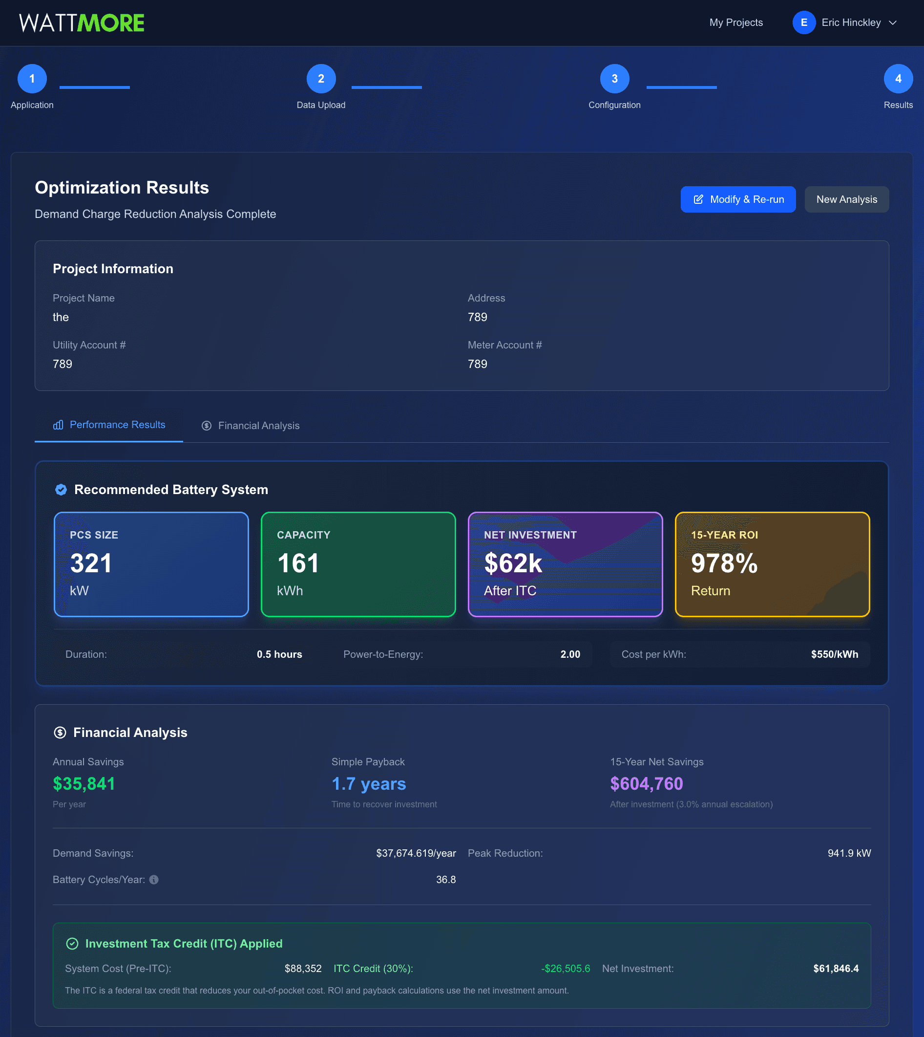 Intellect PLAN dashboard showing battery sizing recommendations and financial analysis