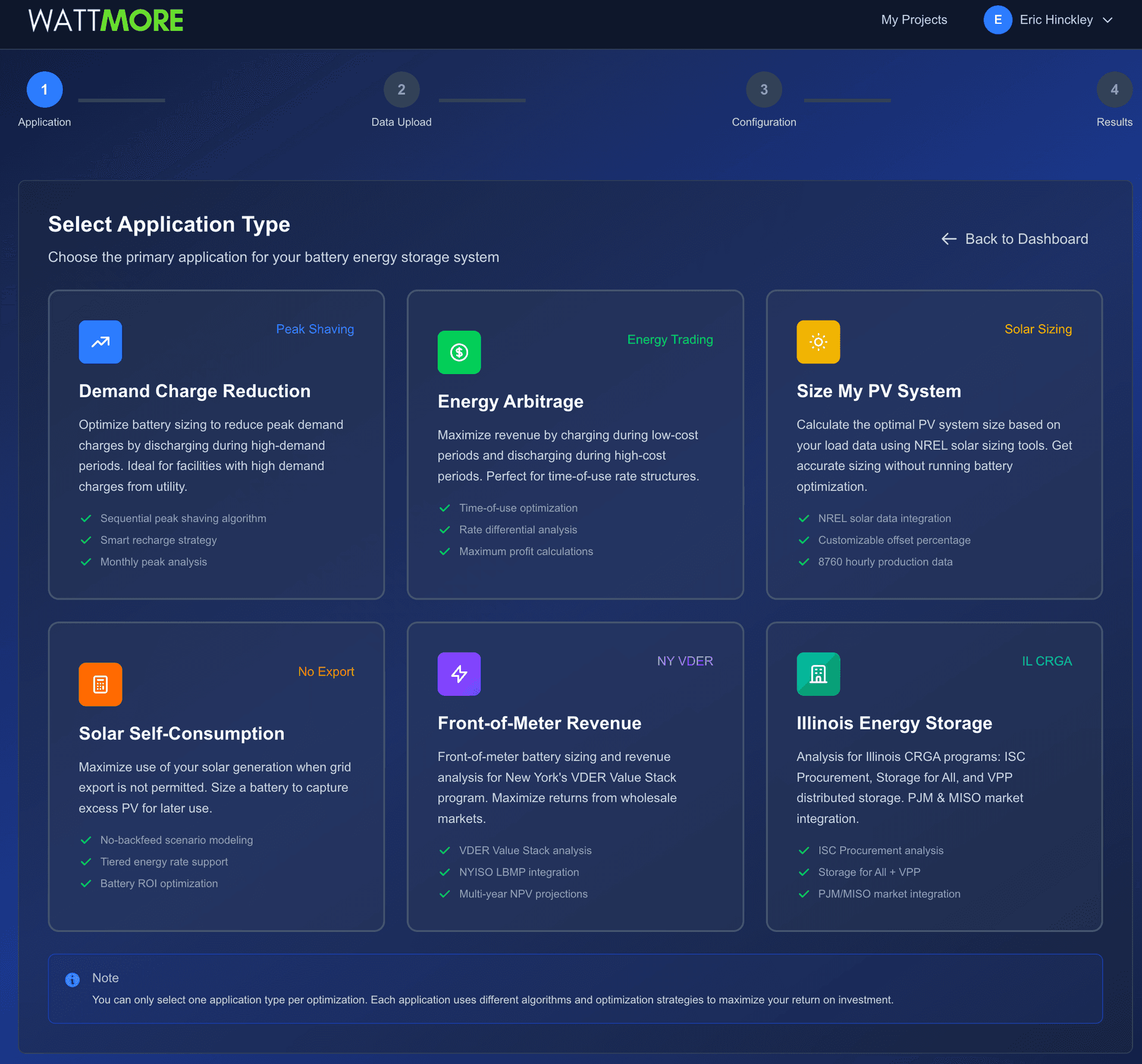 Intellect PLAN application selection showing demand charge reduction, energy arbitrage, solar sizing, solar self-consumption, front-of-meter revenue, and Illinois energy storage options